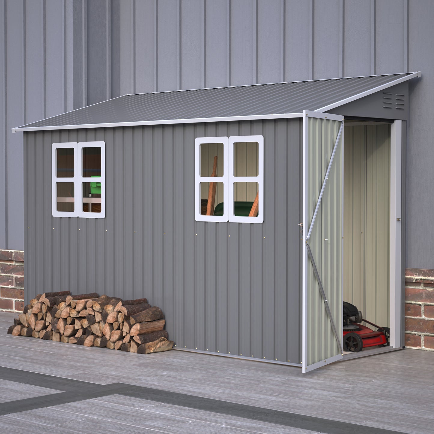 4x10 FT Galvanized Steel Outdoor Shed Weatherproof Lockable Storage For Tools, Bikes And Pets,With Sloping Roof And Windows