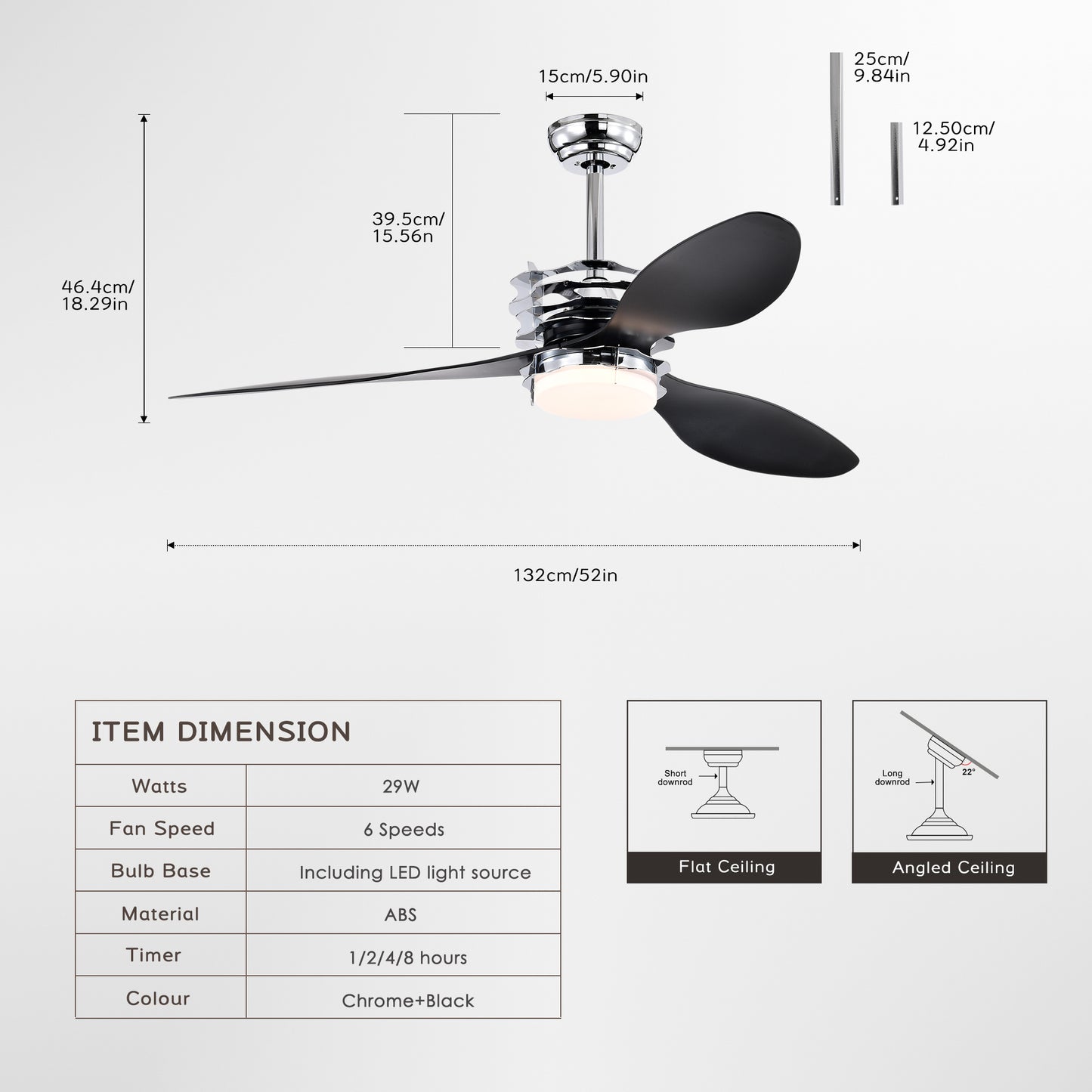 ABS Blades Ceiling Fan With Lights And Remote 6 Speeds Adjustable , DC Motor Modern Ceiling Fan With 3 ABS Fan Blades & 2 Down Rods, Indoor Ceiling Fan With Light For Home Use