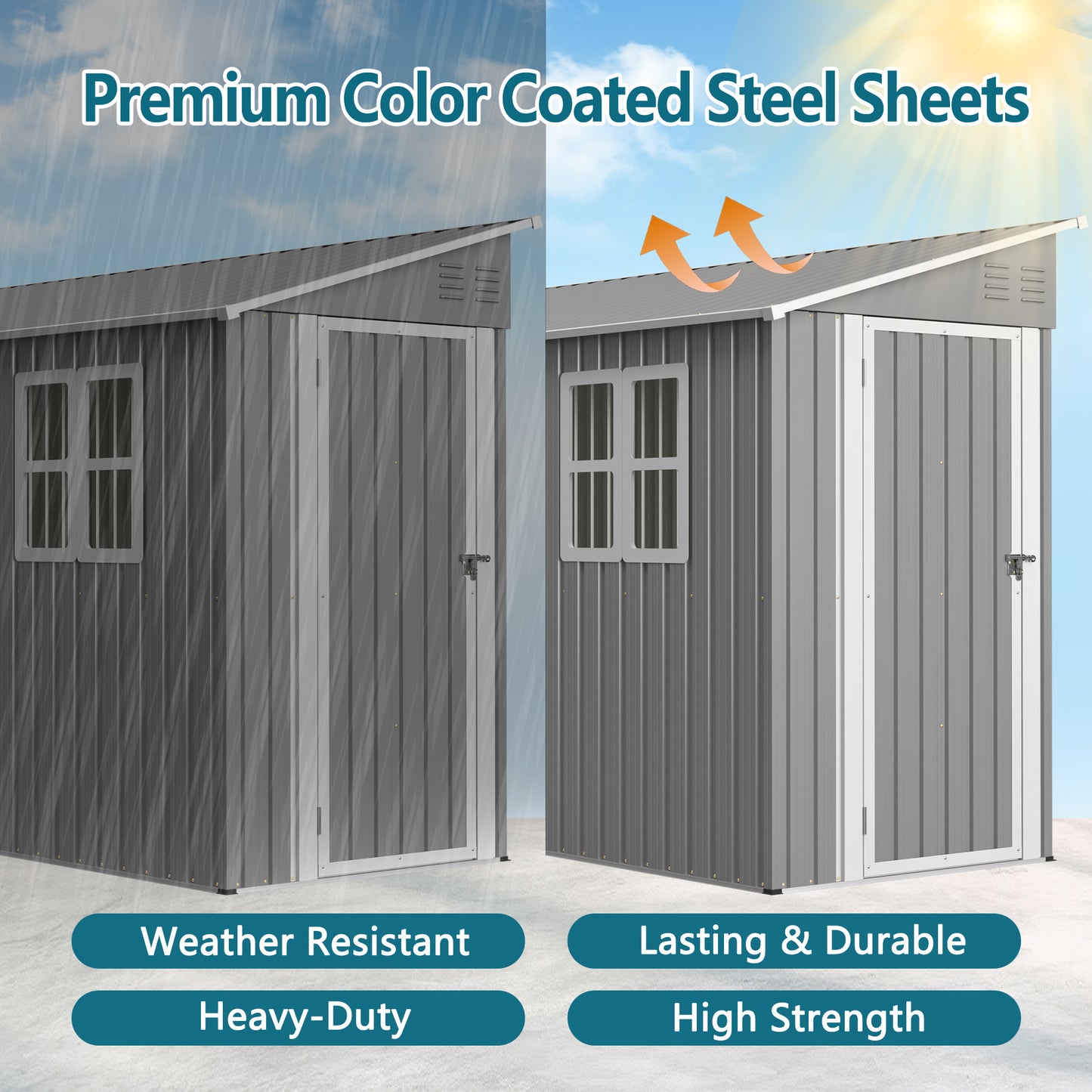 4x10 FT Galvanized Steel Outdoor Shed Weatherproof Lockable Storage For Tools, Bikes And Pets,With Sloping Roof And Windows