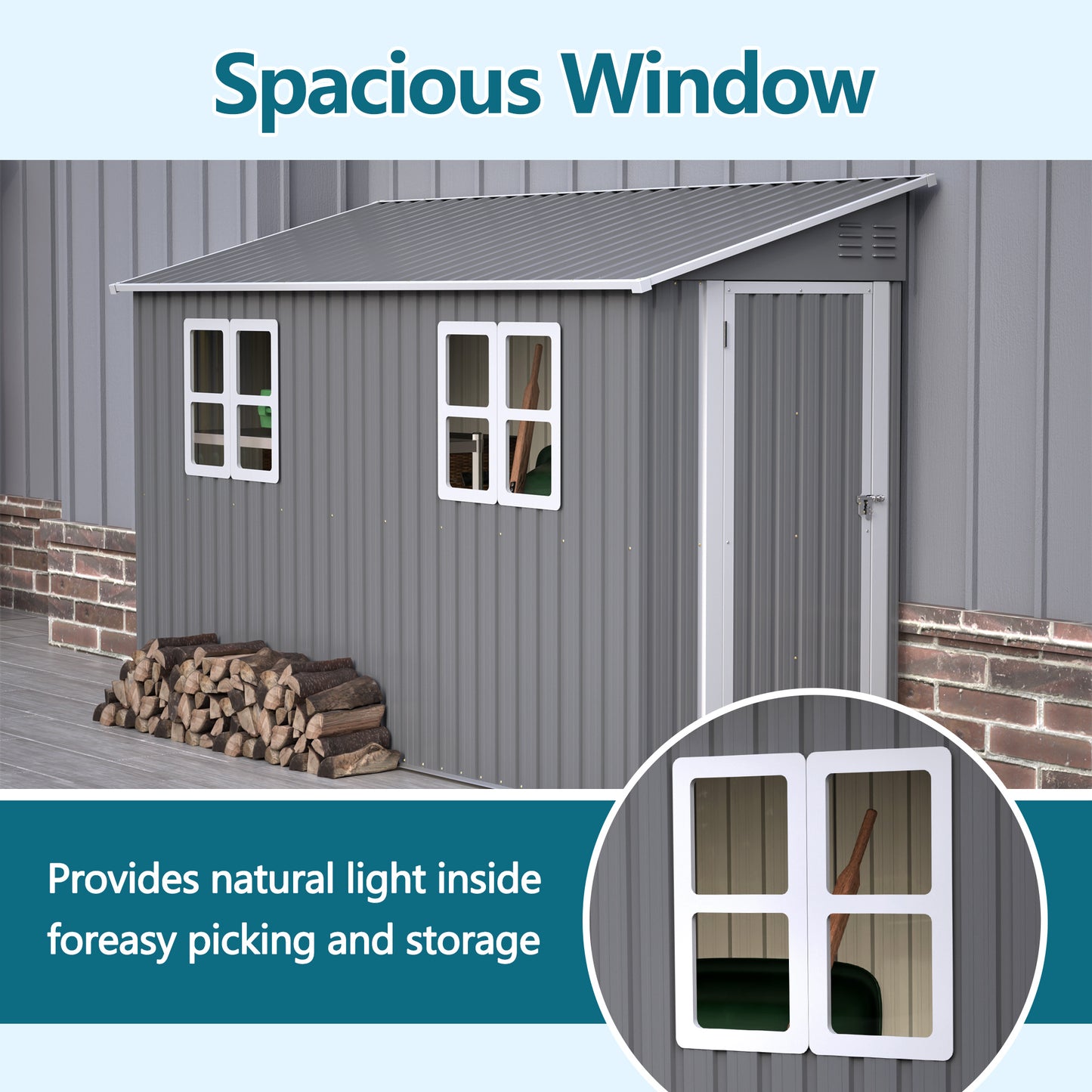 4x10 FT Galvanized Steel Outdoor Shed Weatherproof Lockable Storage For Tools, Bikes And Pets,With Sloping Roof And Windows