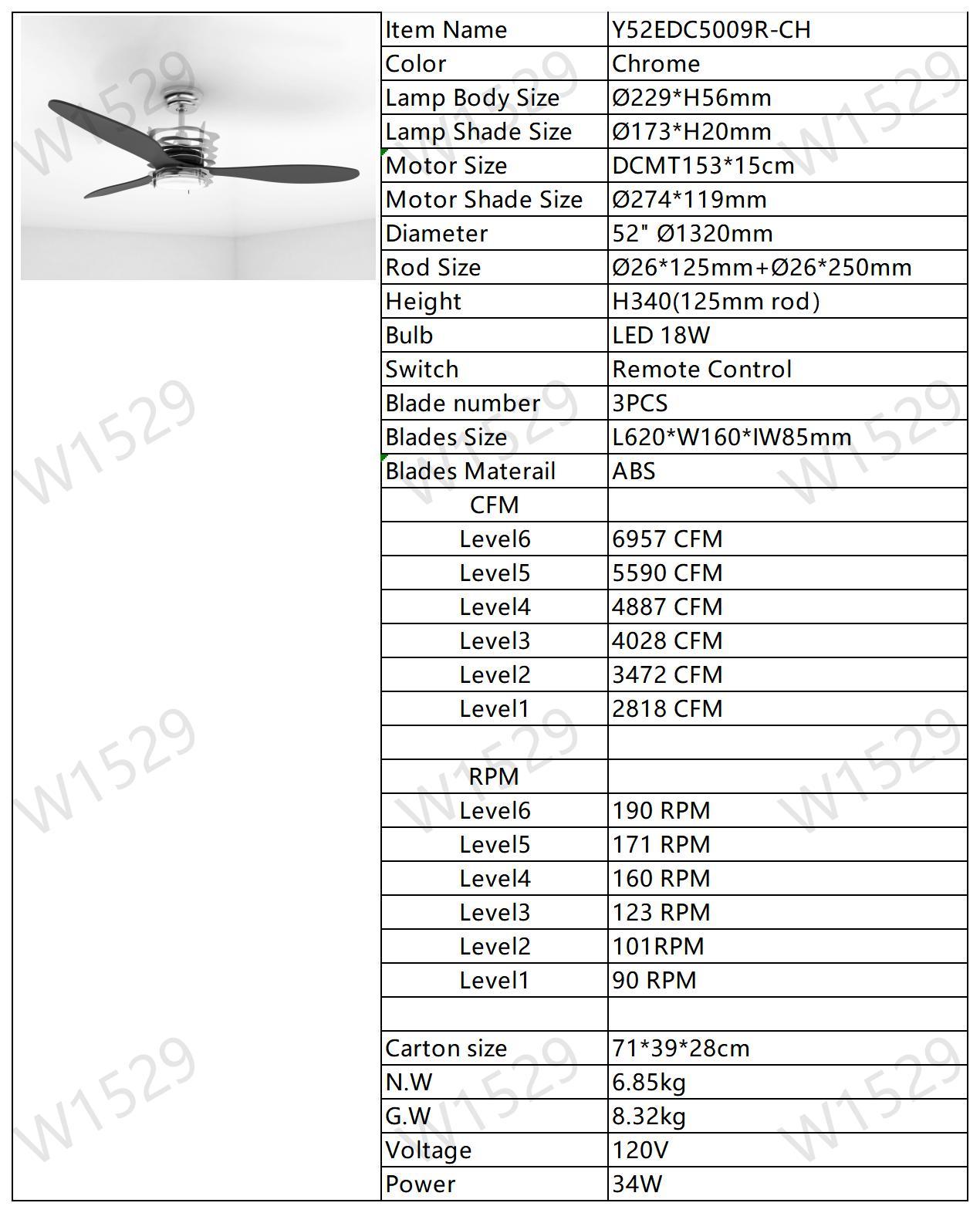 ABS Blades Ceiling Fan With Lights And Remote 6 Speeds Adjustable , DC Motor Modern Ceiling Fan With 3 ABS Fan Blades & 2 Down Rods, Indoor Ceiling Fan With Light For Home Use