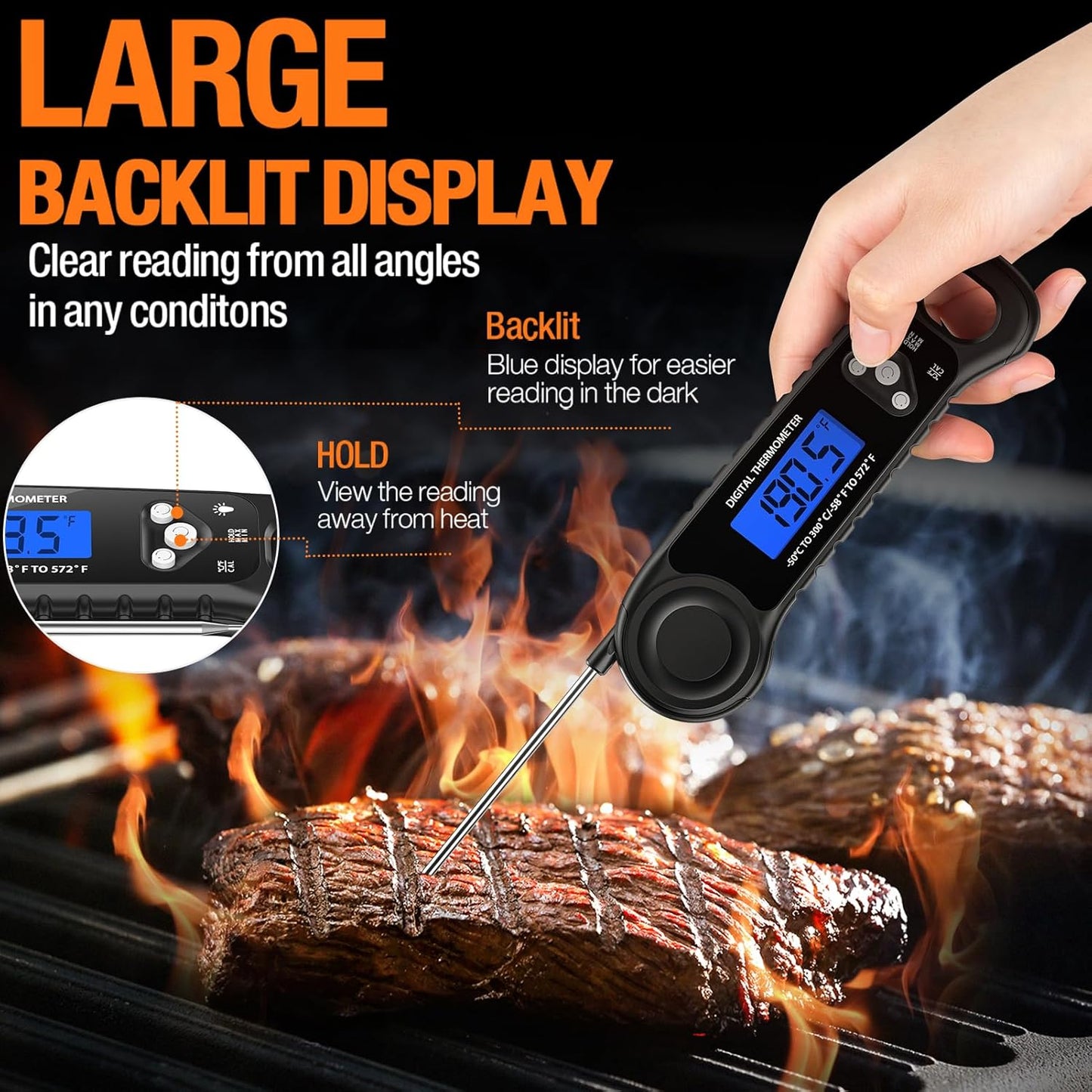 Meat Thermometer Digital, Instant Read Food Thermometer - Waterproof for Cooking Deep Fry Oven Smoker Roast, Camping & Kitchen Essentials BBQ Accessories Grill Gifts for Men Him Dad Birthday