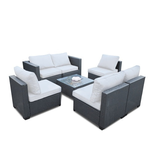 -Seven Piece Sofa Set Table With Sofa Chair Black PE Rattan Outdoor Furniture 7-JH002 Box 3-1-2-3 With Beige Color Cushion