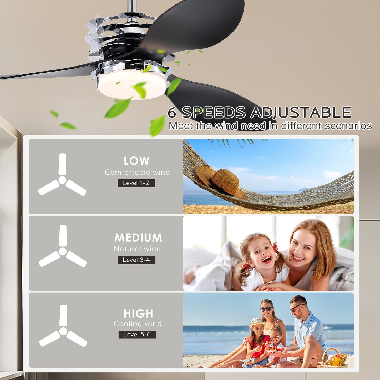 ABS Blades Ceiling Fan With Lights And Remote 6 Speeds Adjustable , DC Motor Modern Ceiling Fan With 3 ABS Fan Blades & 2 Down Rods, Indoor Ceiling Fan With Light For Home Use