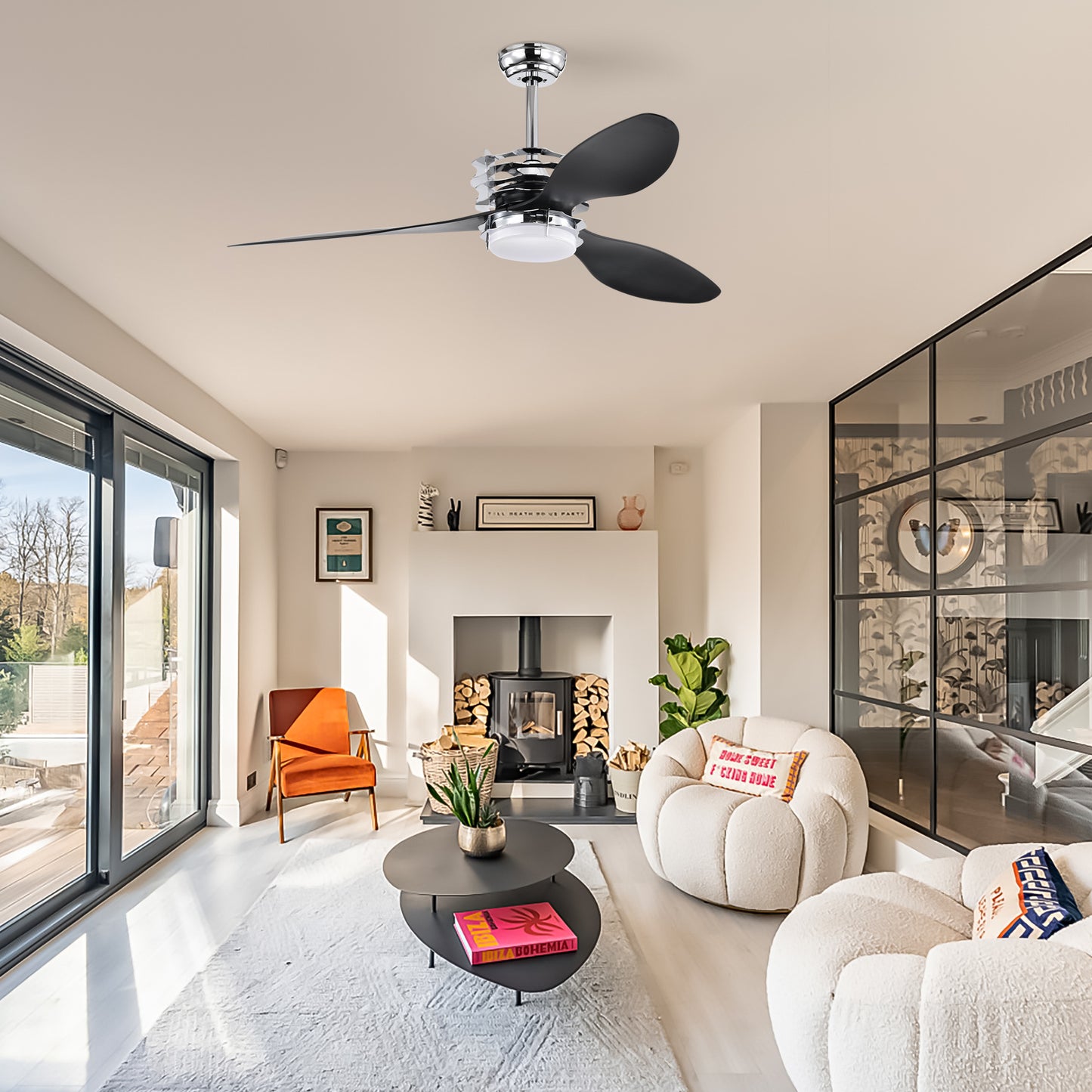 ABS Blades Ceiling Fan With Lights And Remote 6 Speeds Adjustable , DC Motor Modern Ceiling Fan With 3 ABS Fan Blades & 2 Down Rods, Indoor Ceiling Fan With Light For Home Use